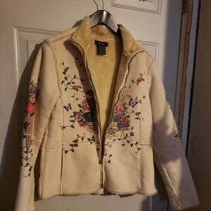 PRICE TO SELL! EUC Chic Cream Floral & Butterfly Teddy Jacket Size M/L